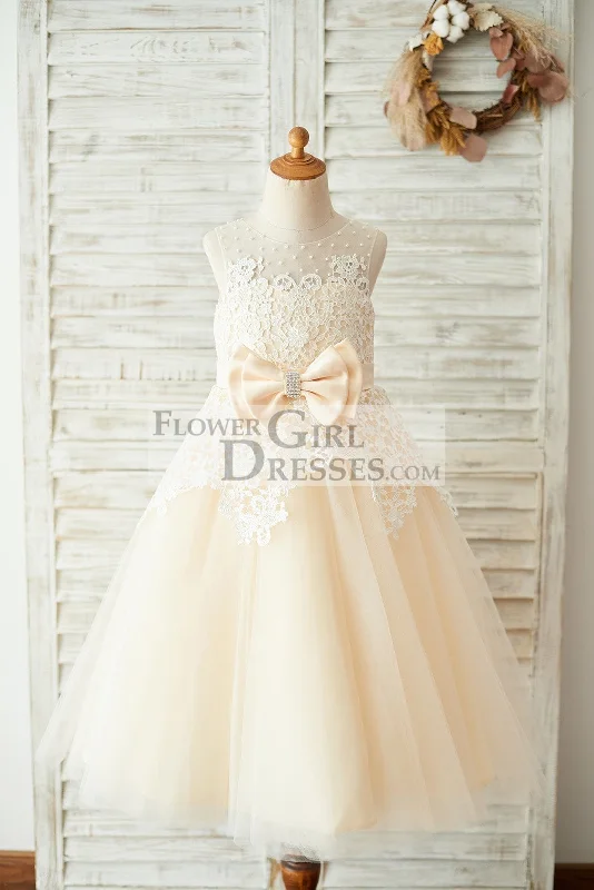 Ivory Lace Champagne Tulle Wedding Party Flower Girl Dress, Pearls