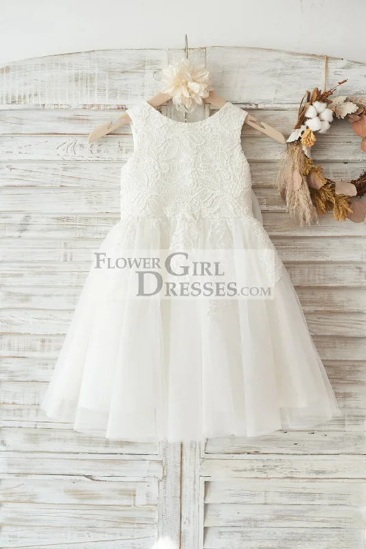 Ivory Lace Tulle Wedding Flower Girl Dress, Big Bow
