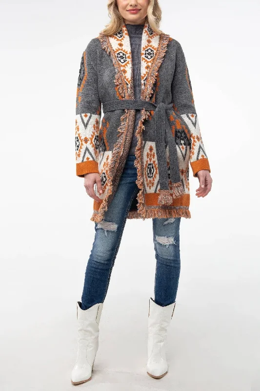 Aztec Weaved Belted Cardigan Zippered Buttoned Snapped