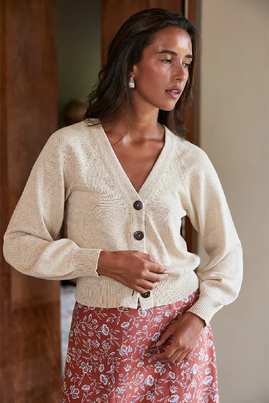 Greta Cardigan in Sand Front Pockets Side Pockets Patch Pockets