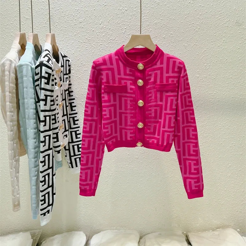 High Quality Women Fashion Vintage Autumn Jacquard Letter Metal Buckle Shoulder Pad Knit Cardigan Sweater Top Jacket Coat Sweater Knitwear Pullover