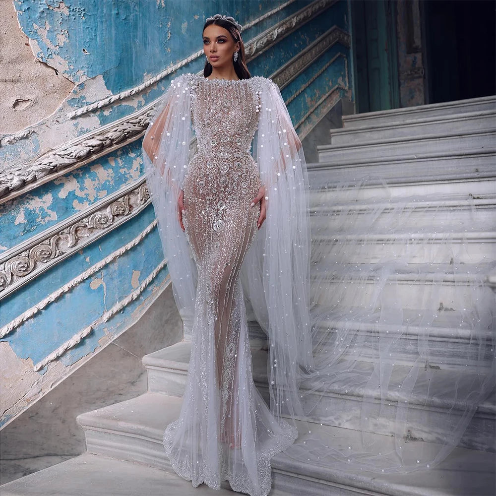 Serene Hill Dubai White Nude Mermaid Evening Dress with Cape Sleeves for Women Wedding Arabic Bridal Party Gowns 2024 LA72444 Serene Hill Dubai White Nude Mermaid Evening Dress with Cape Sleeves for Women Wedding Arabic Bridal Party Gowns 2024 LA72444