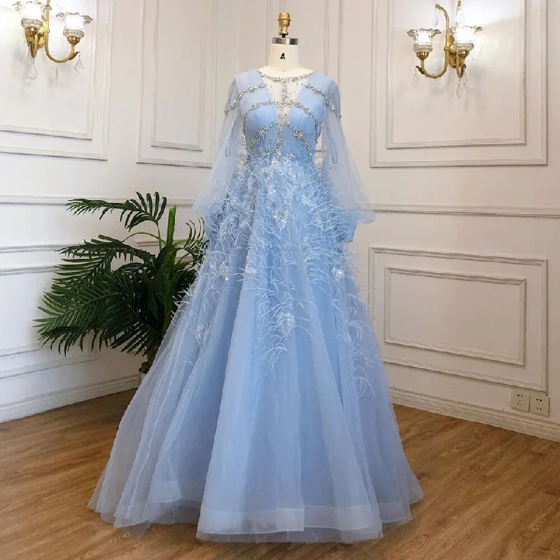 Serene Hill Blue A-Line Luxury Evening Dresses Gowns Long 2024 Beaded Feather For Women Party LA71495
