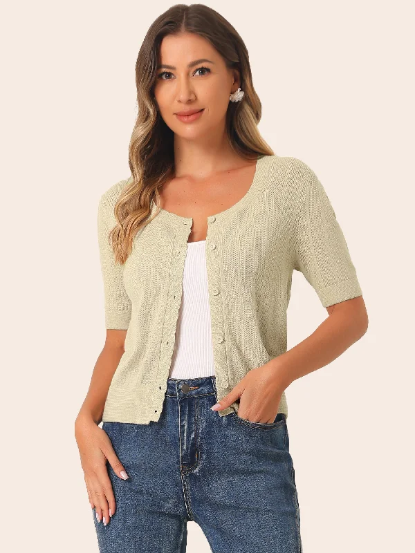 Vintage Short Sleeve Button Up Knit Sweater Cardigan Plaid Sweater Polka Dot Checkered