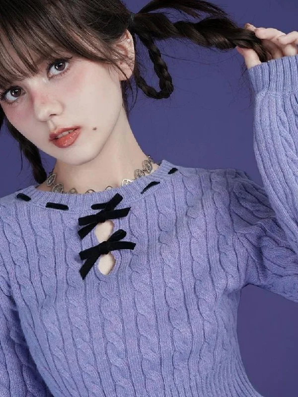 Blue-purple bow twist short sweater【s0000005595】 Fitted Slim Tailored