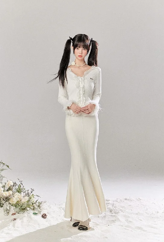 Ruffled Lace Cardigan/Slim Fit Fishtail Maxi Skirt TBI0039 Zippered Front Buttoned Front Snap Front