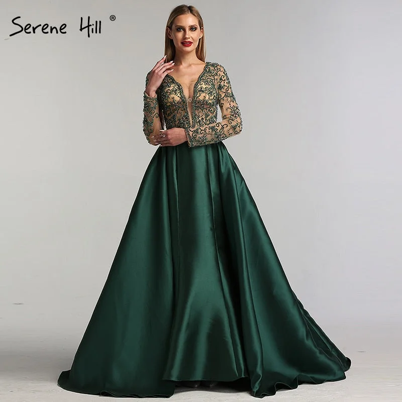 On Sale no return no refund Green V-Neck Satin Long Dresses Evening Long Sleeves Pearls Beading Evening Gowns 2024 Serene Hill LA6312 On Sale no return no refund Green V-Neck Satin Long Dresses Evening Long Sleeves Pearls Beading Evening Gowns 2024 Serene Hill LA6312