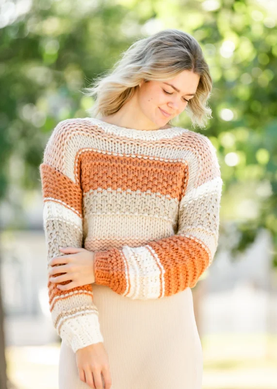 Chunky Knit Striped Crewneck Sweater - FINAL SALE Beaded Sweater Sequined Faux Fur