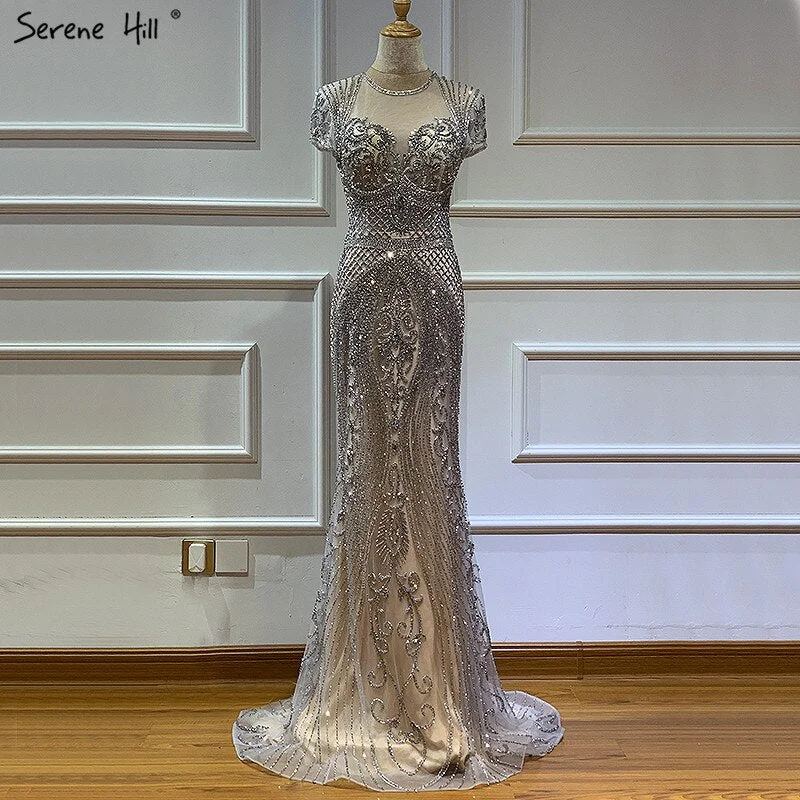 Dubai Grey Full Diamond Sexy Evening Dresses 2024 Cap Sleeve Luxury Mermaid Formal Dress Serene Hill LA60934
