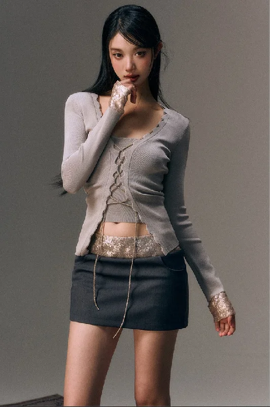 Rope Strap Beaded Patchwork Knitted Cardigan/Camisole AGM0050 Open Front Closed Front Wrap Front