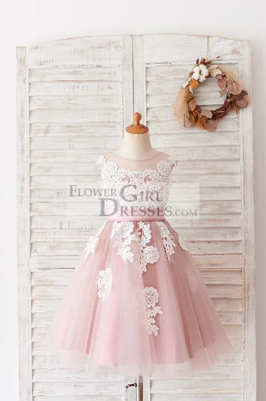 Ivory Lace Mauve/Silver Gray Tulle Wedding Flower Girl Dress