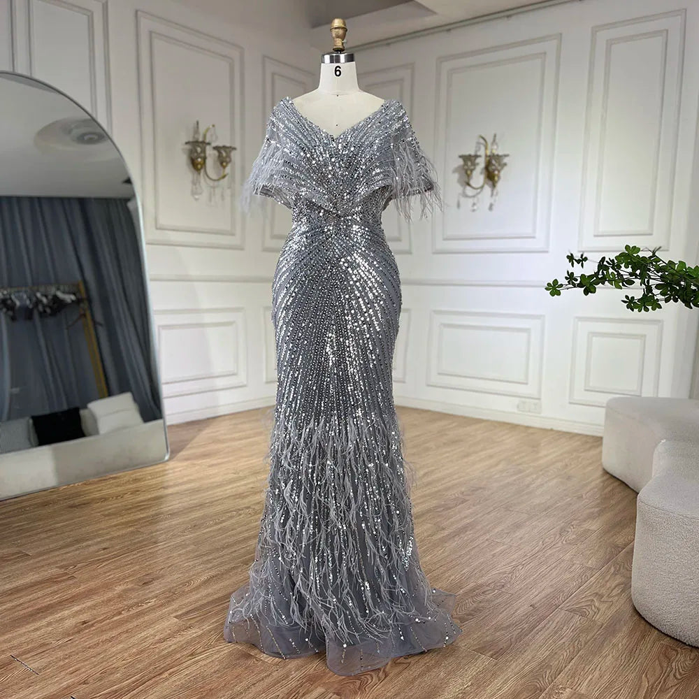 Serene Hill 2024 Arabic Elegant Gray Mermaid Luxury Dubai Evening Gown with Feathers Beaded Dress for Women's Party LA71323A