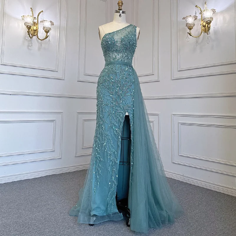 Serene Hill Turquoise Mermaid Elegant With Skirt Sexy High Split Evening Dresses Gowns Luxury Beaded Crystal 2024 Women LA71582A