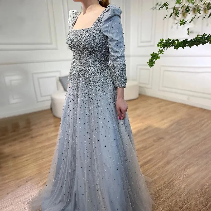 Serene Hill Arabic Grey A Line Elegant Beaded Luxury Evening Dresses Gowns Puffy Shoulder For Women Wedding Party 2024 LA71368 Serene Hill Arabic Grey A Line Elegant Beaded Luxury Evening Dresses Gowns Puffy Shoulder For Women Wedding Party 2024 LA71368