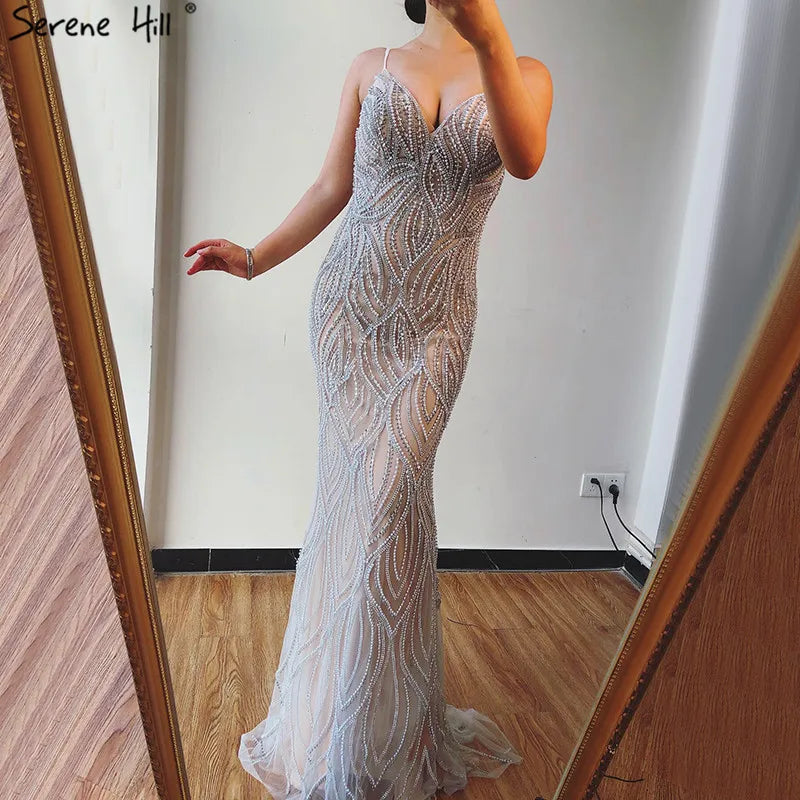 Serene Hill Nude White Mermaid Evening Dresses Gowns 2024 Spaghetti Strap Luxury Elegant For Women Party LA70214 Serene Hill Nude White Mermaid Evening Dresses Gowns 2024 Spaghetti Strap Luxury Elegant For Women Party LA70214