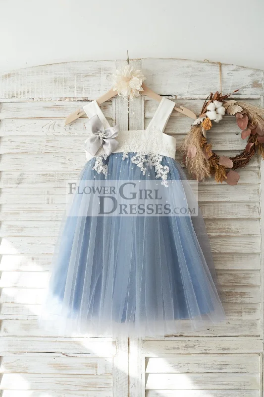 Princess Dusty Blue Tulle Beaded Lace Straps Wedding Flower Girl Dress