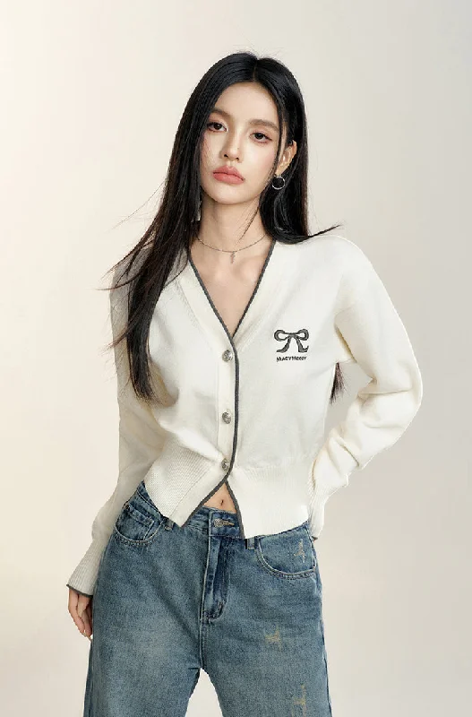 V-neck Bow Knitted Short Cardigan MAC0082 Terry Terry Cloth Terry Knit