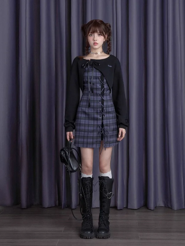 Blueberry Purple Checkered Dress/Black Short Cardigan SAG0193 Cardigan Knitwear Sweater