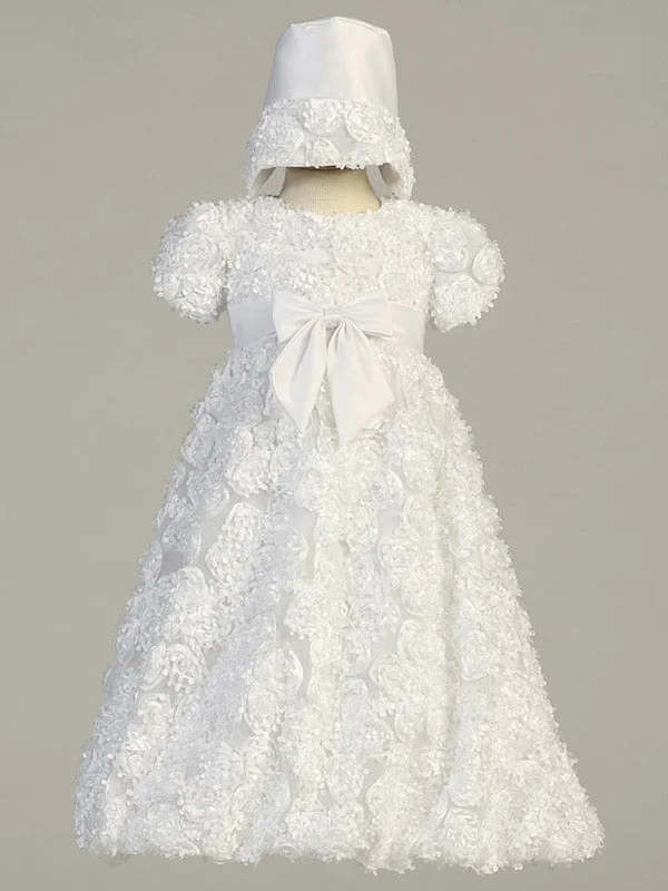 Baby Girls White  Ribbon Tulle  Dress bonnet Baptism set