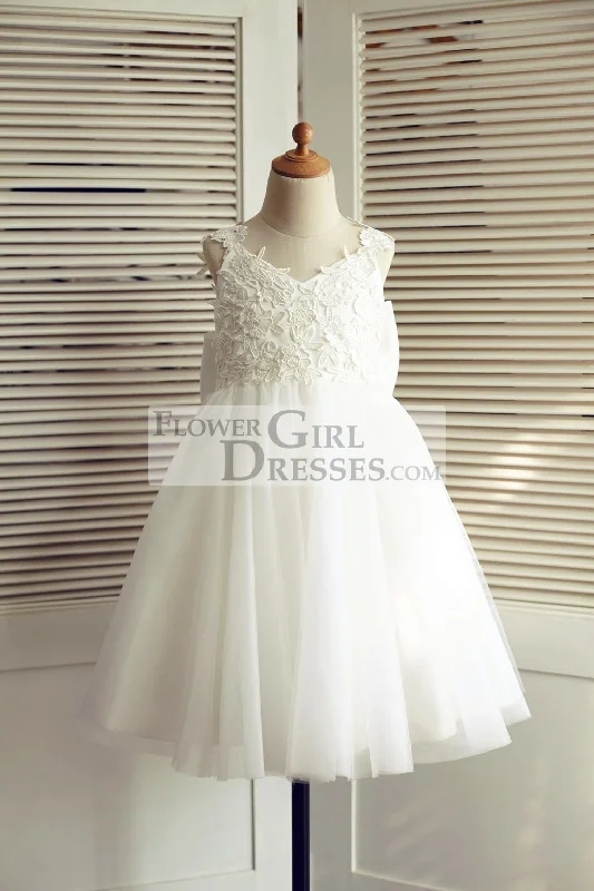 Ivory Lace Tulle V Back Straps Wedding Flower Girl Dress, Big Bow