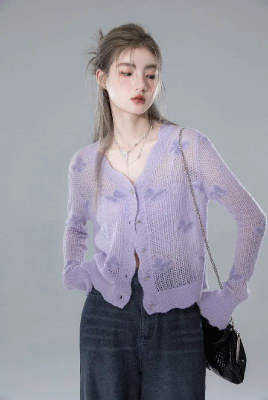 Butterfly Effect Roland Purple Jacquard Mohair Cardigan COT0144 Handmade Hand-knitted Hand-woven