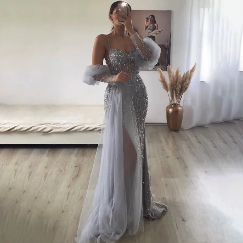 Serene Hill Sexy Gray Beaded  Party High Split  Spaghetti Straps Mermaid Balloon Sleeves Evening Dresses Gowns 2024 LA71571A