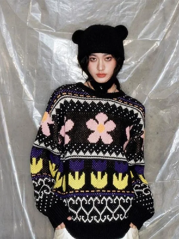 Lazy wind colorful floral sweater【s0000005631】 Iron Safe Non-Iron Wrinkle Free