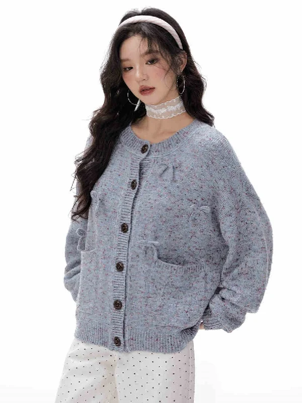 Loose Bow Color Loop Velvet Knitted Cardigan IMO0060 Lightweight Heavyweight Midweight