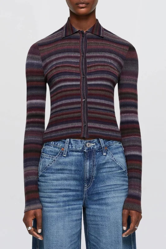 Ribbed Polo Cardigan | Lavender Combo Ribbed Striped Patterned