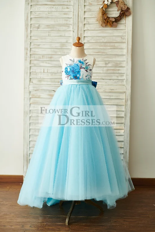 Blue Printed Floral Satin Tulle V Back Wedding Flower Girl Dress, Bow