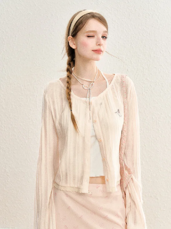 Lace Hem Natural Lightweight Cardigan SPE0064 Ribbed Striped Patterned