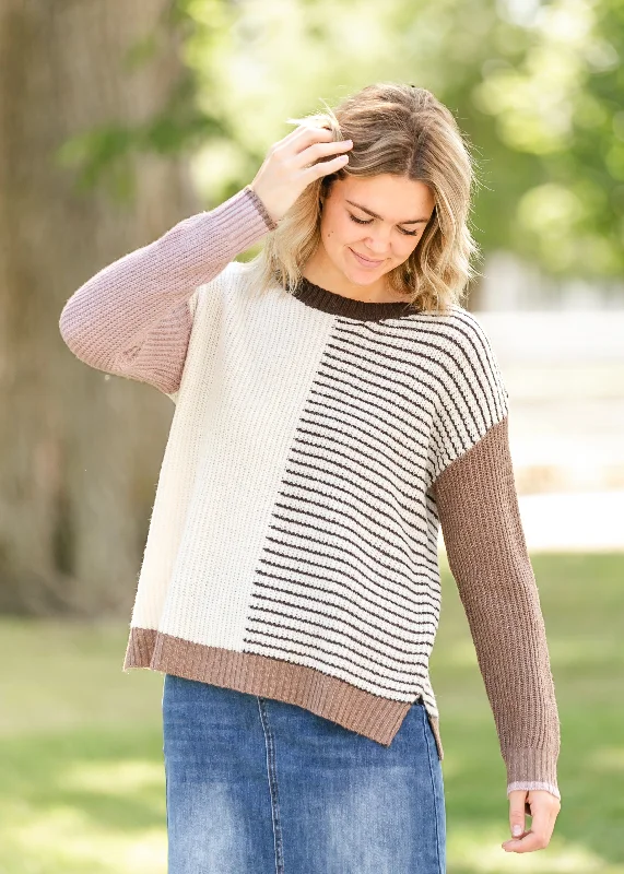 Color Block Striped Crewneck Sweater - FINAL SALE Solid Color Striped Floral Print