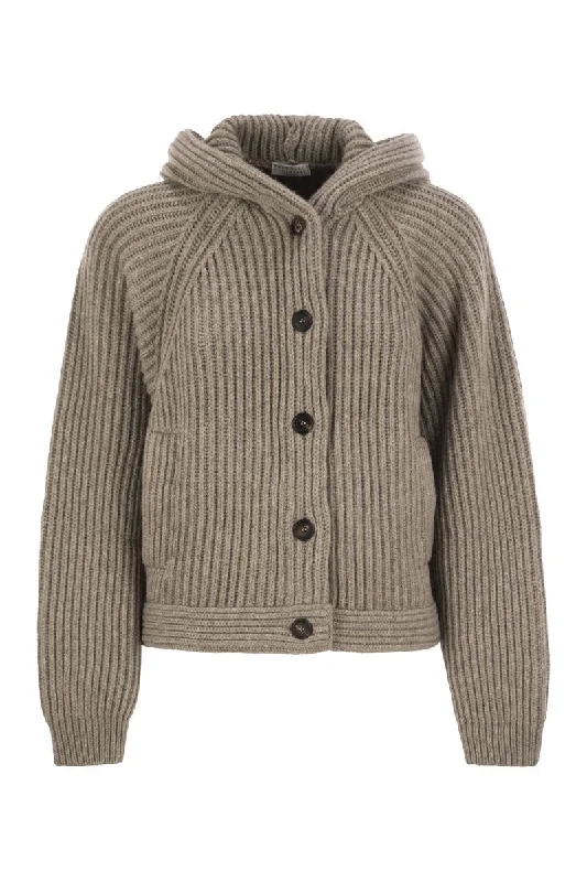 Hooded cashmere cardigan Fitted Slim Tailored