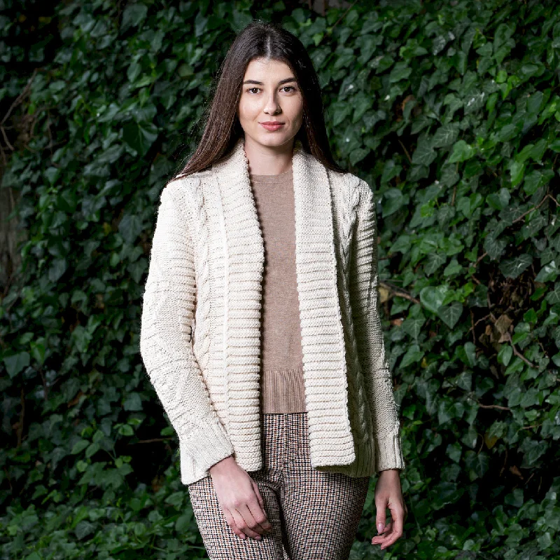 Women's Heavy Knit Open Front Aran Cardigan Hooded Caped Shawl Collar