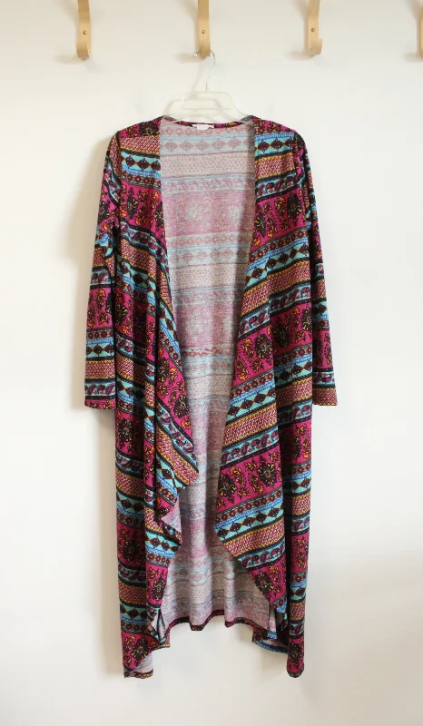 Multi-Colored Patterned Knit Long Cardigan | L Elasticated Padded Insulated