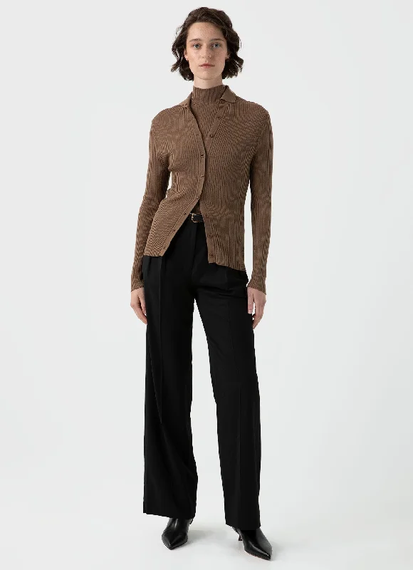 Women's Mulberry Silk Rib Cardigan in Dark Sand Hooded Cardigan Collared Cardigan Shawl Collar