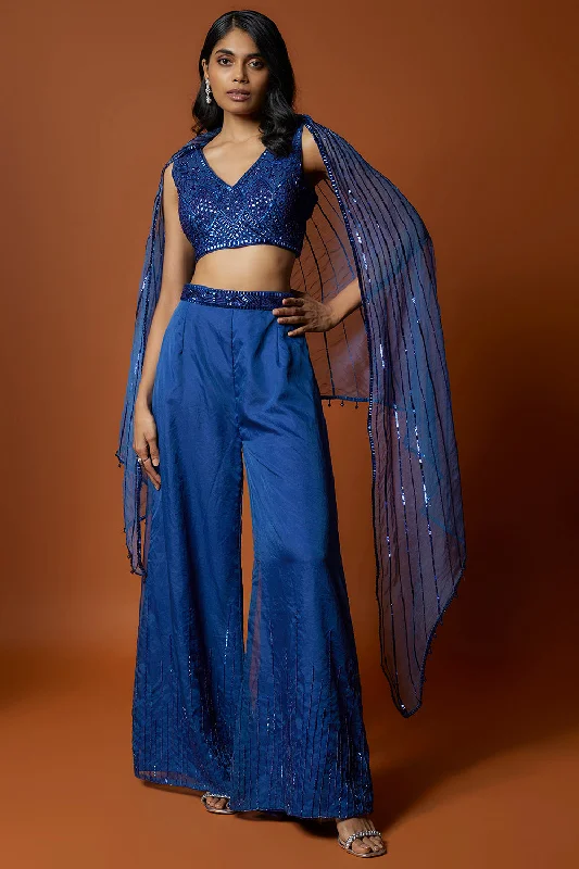 Royal Embroidered Blue Choli, Pants And Cape Set Discount Cotton,