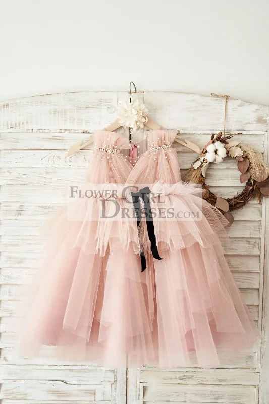 Princess Mauve Tulle V Neck Wedding Flower Girl Dress, Beading