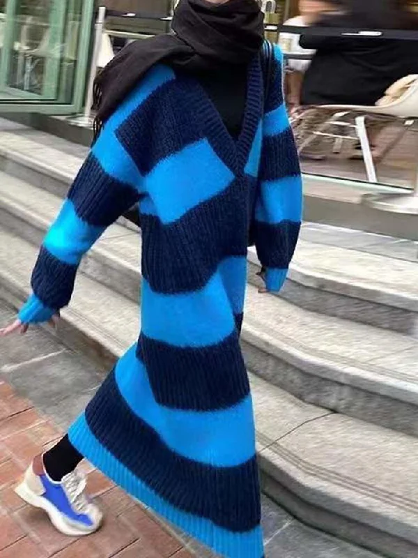Womens Super Long Striped Knitted Pullover Round Neck Loose Sweater Dresses Zippered Front Buttoned Front Snap Front