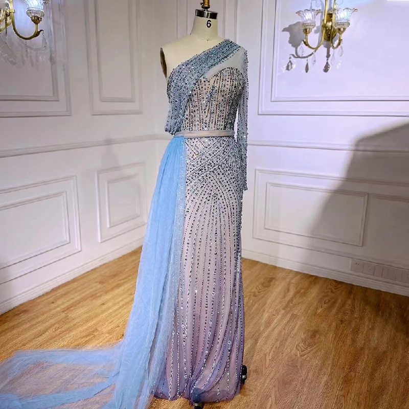 Serene Hill Blue Elegant Mermaid Sexy One Shoulder Beaded Luxury  Evening Dresses Gowns For Women Party 2023 LA71429A