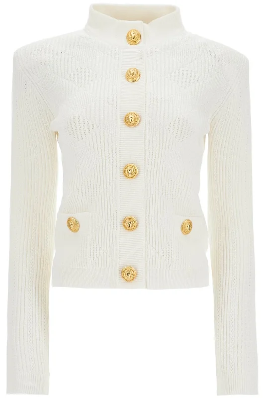 High-neck Cardigan With Embossed Buttons  - White Lightweight Heavyweight Midweight