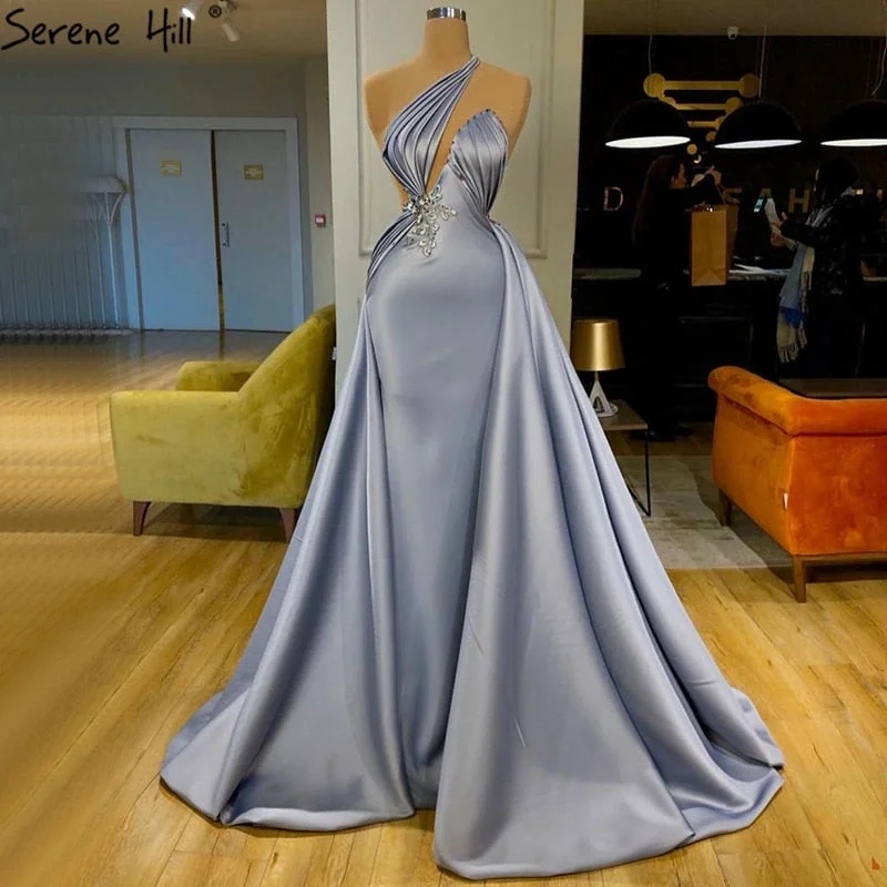 Light Blue Mermaid One Shoulder Evening Dresses 2024 Satin Sleeveless Beading Lace Up Formal Dress Serene Hill LA70578