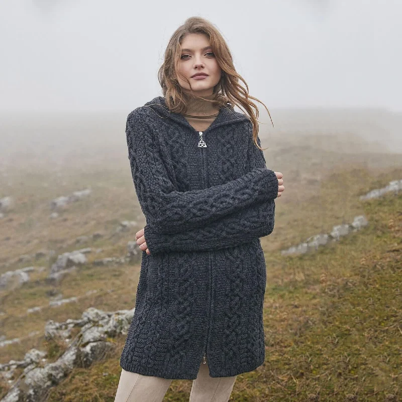 Irish Aran Cable Hooded Cardigan with Zip for Women Cashmere Blend Cotton Blend Poly Blend