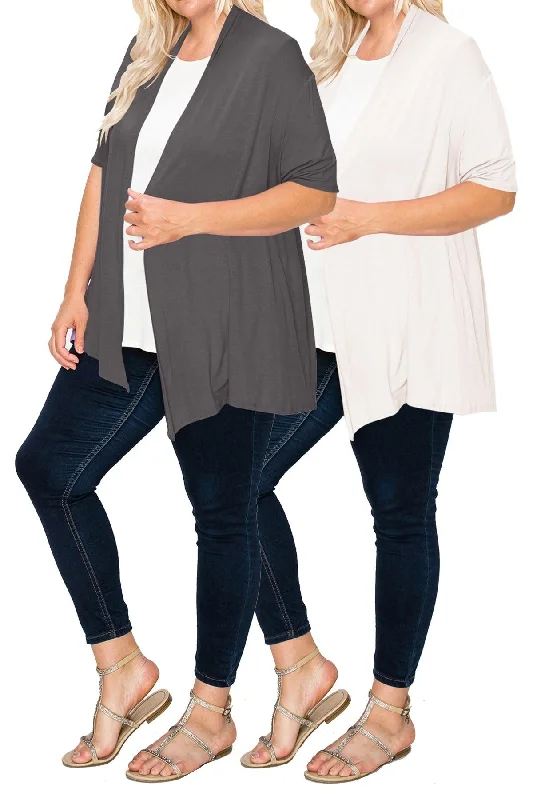 Women's Plus Size Casual Short Sleeve Loose Fit Solid Draped Open Cardigan (Pack of 2) Elegant Classic Vintage