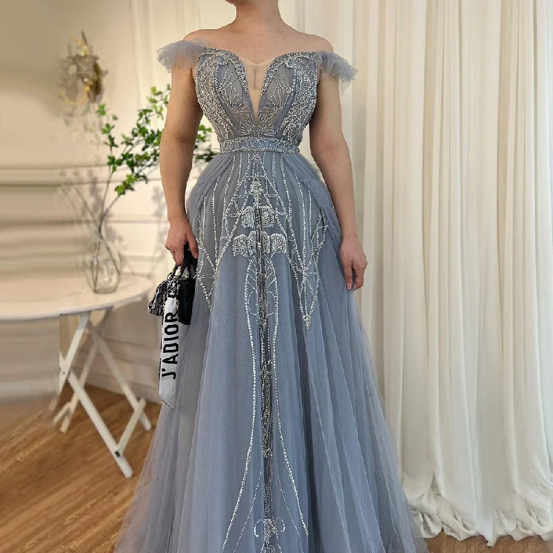 Serene Hill Blue Sexy Spaghetti Straps A Line Beaded Arabic Luxury Evening Dresses Gowns 2024 For Women Party LA71850 Serene Hill Blue Sexy Spaghetti Straps A Line Beaded Arabic Luxury Evening Dresses Gowns 2024 For Women Party LA71850