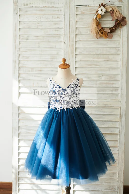 Pink/Navy Blue Lace Tulle Spaghetti Straps Wedding Flower Girl Dress, Bow