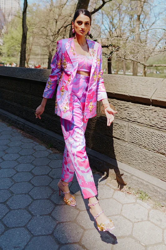 Living Coral- Lilac And Hot Pink Sequin Printed Pant Suit Set High-Waisted Pants,