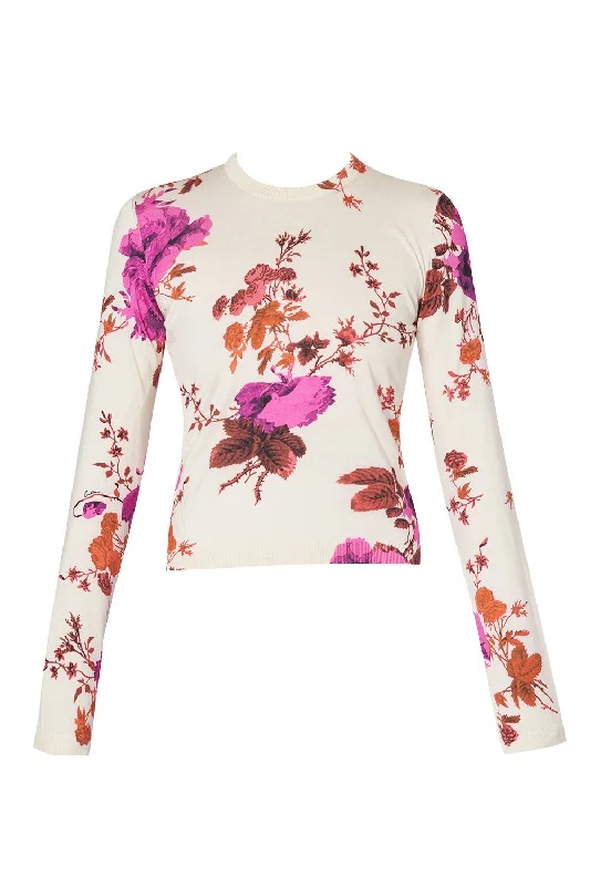 Rose Print Sweater Turtle Neck Boat Neck Asymmetrical Neck