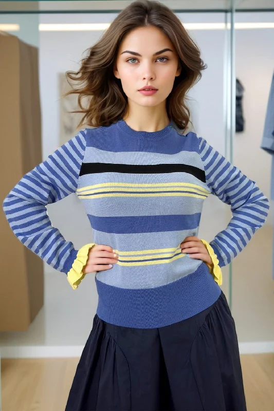 LS65012 STRIPED PULLOVER SWEATER (BLUE, BEIGE) Striped Floral Plaid