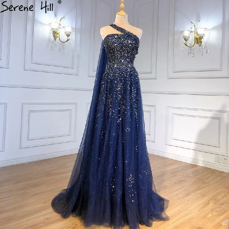Serene Hill Navy Blue One Shouler Cape Sleeve Evening Dresses Gowns 2024 A-Line Beaded Luxury For Woman Party LA71432 Serene Hill Navy Blue One Shouler Cape Sleeve Evening Dresses Gowns 2024 A-Line Beaded Luxury For Woman Party LA71432